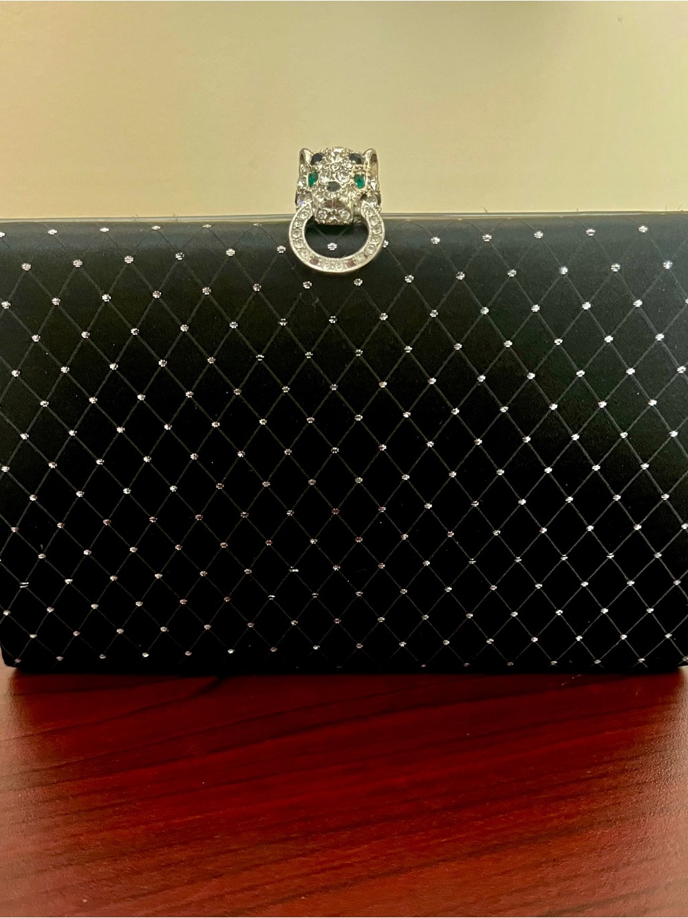 Kenneth Jay Lane Black Classic Satin Box Clutch with Rhinestone Panther Clasp